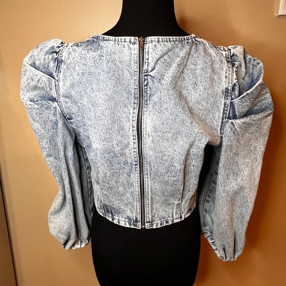 Zara Denim Cropped Top Women SZ M Cowgirlcore Puff Sleeves Back Zip Festival - Picture 5 of 8